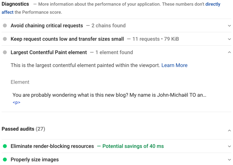 Page Speed Insights Diagnostic and audit results