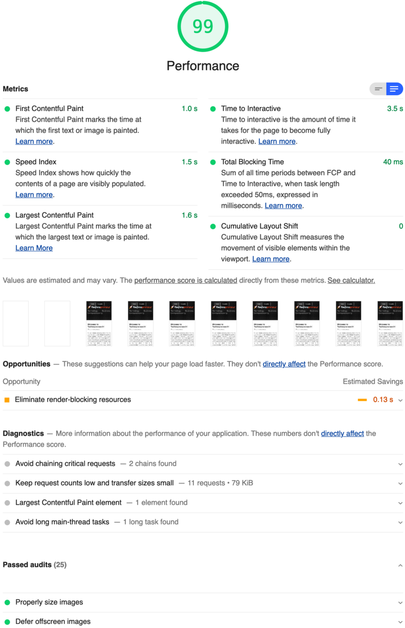 Web.dev metrics: category Performance